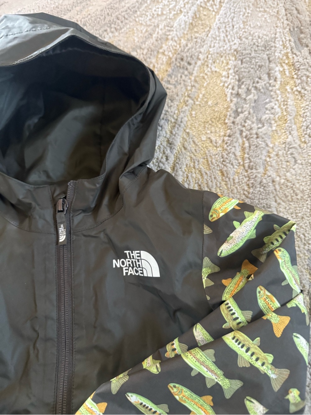 The North Face rain jacket fish print army Green raincoat zip front 3T - Picture 6 of 10